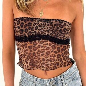 Shein Leopard Print Lace Mesh Sheer Tube Top